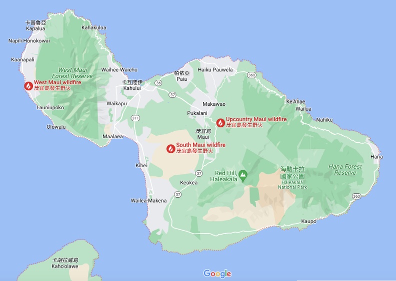 這次的大火，主要發生於夏威夷茂宜島。取自Google map