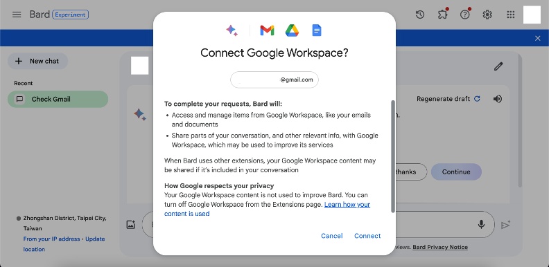 和Google Bard英文版的對話中，已經能夠開啟與Workspace的連結。取自Google Bard對話。