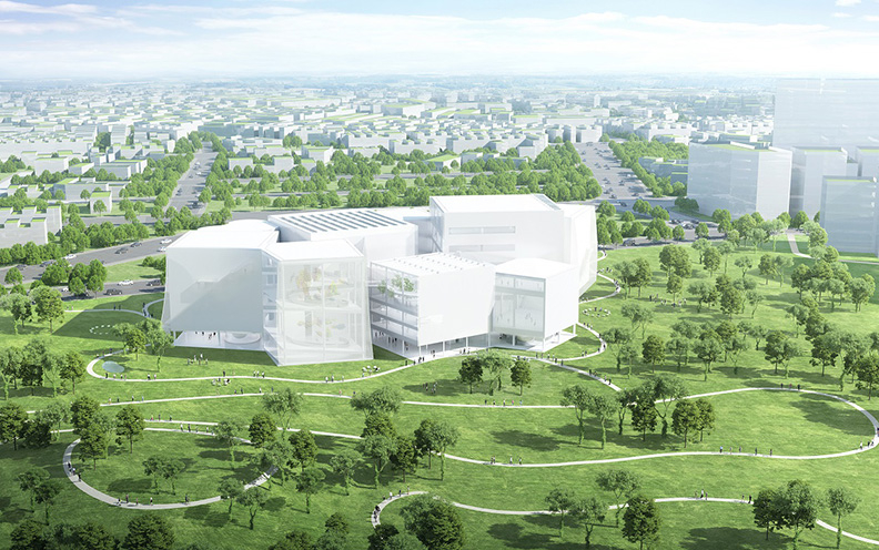 綠美圖是普立茲克得主為臺中打造的第9座建築，外部的玻璃擴張網可達到自然引光、透風的功能，規劃在2025年正式營運，將是臺灣首創美術館結合圖書館的建築。