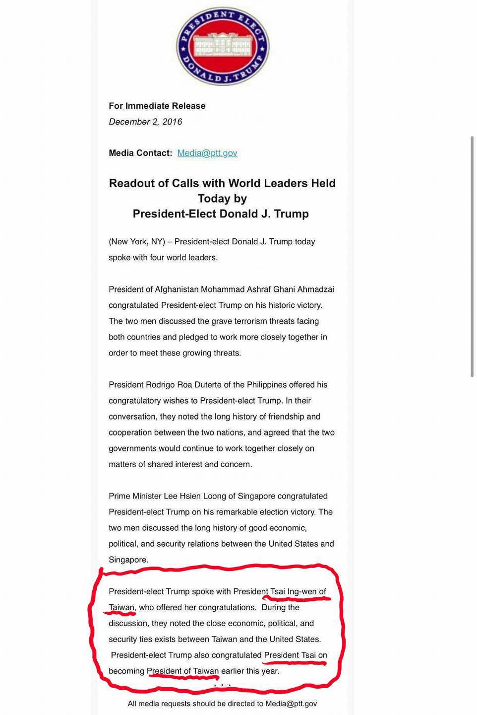 蔡英文與川普熱線12分鐘 中國氣炸 搶佔國際媒體_img_2